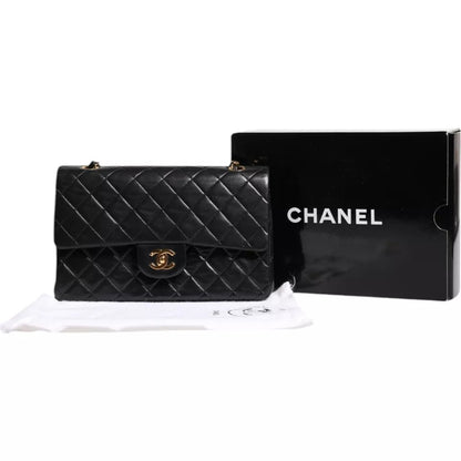 Chanel Black Lambskin Medium Classic Double Flap Quilted Gold Shoulder Bag