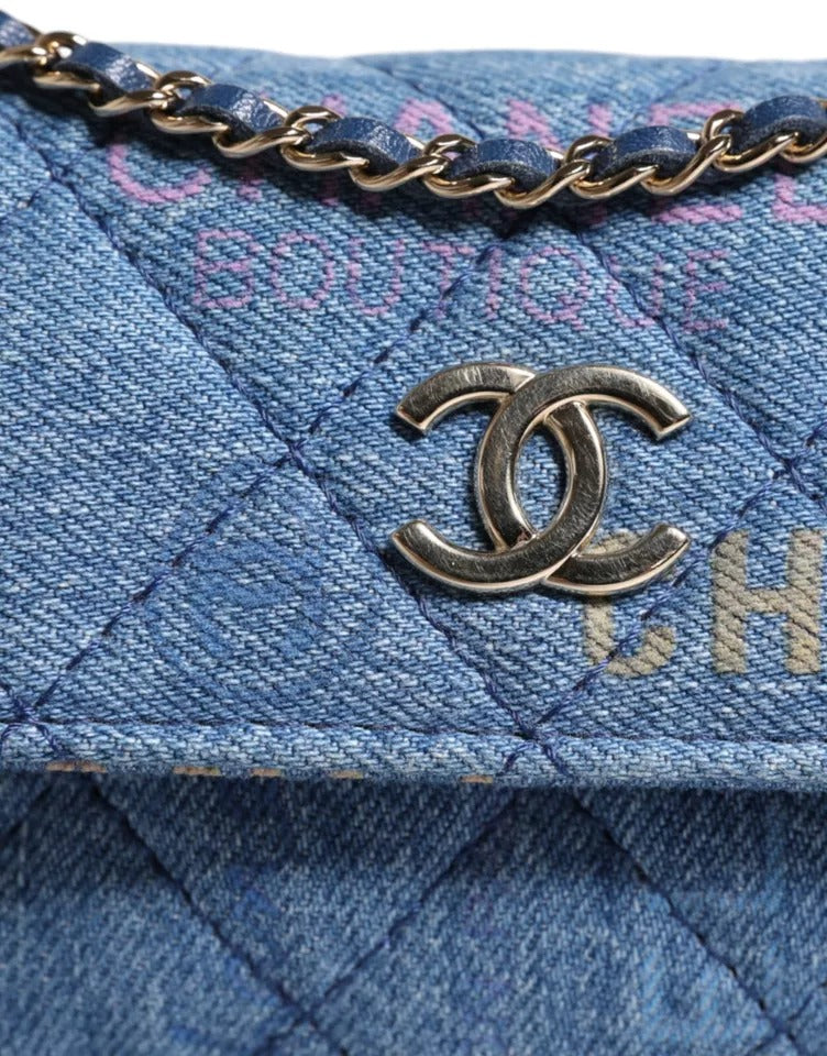 Chanel Denim Mood Flap Micro Logo Printed Fringed Shoulder Bag