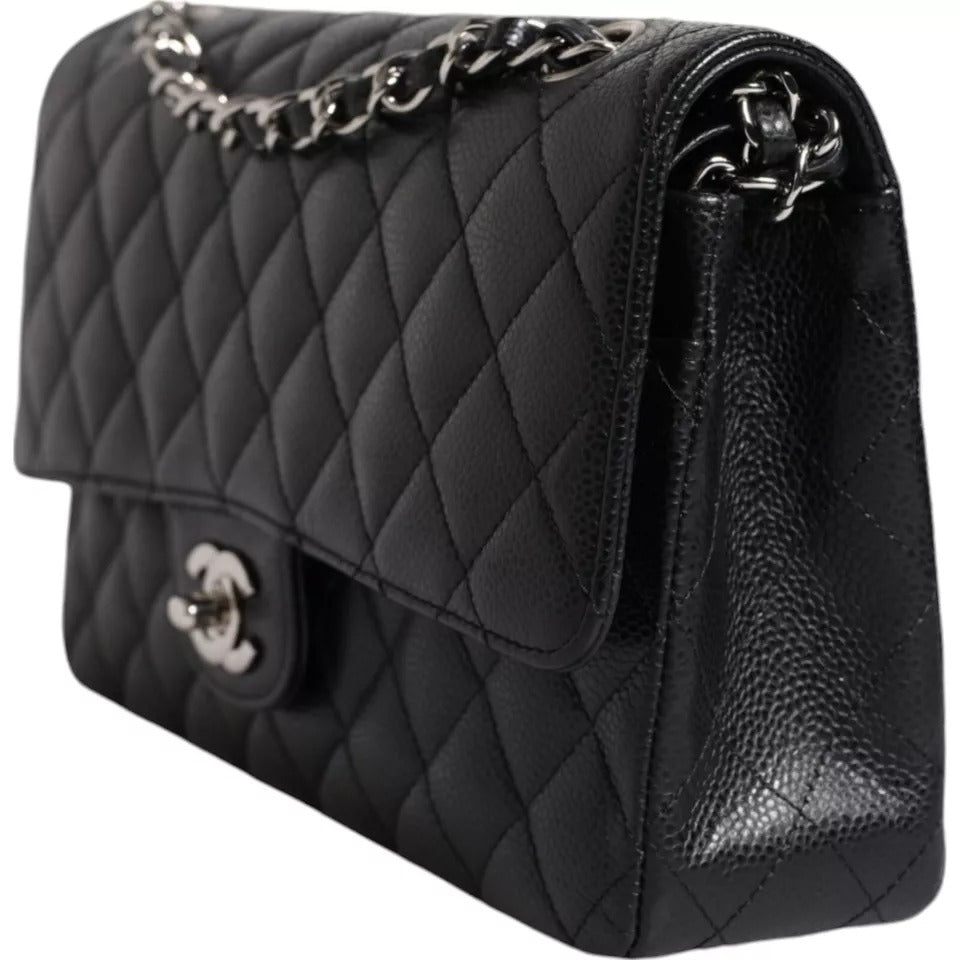 Chanel Black Caviar Medium Classic Double Flap Shoulder Quilted Silver Bag