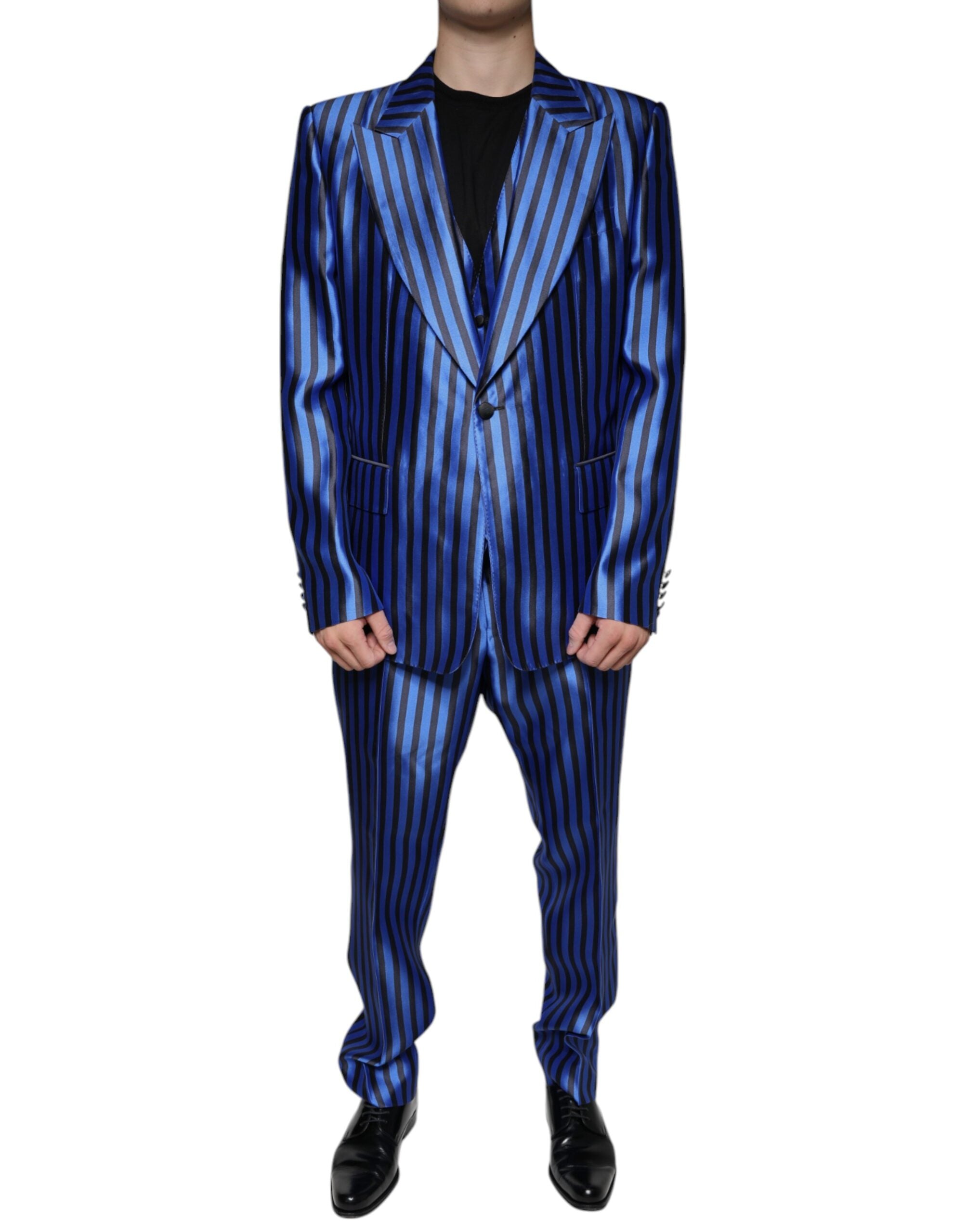 Dolce &amp; Gabbana Metallic Blue Stripes Formal 3 Piece Suit