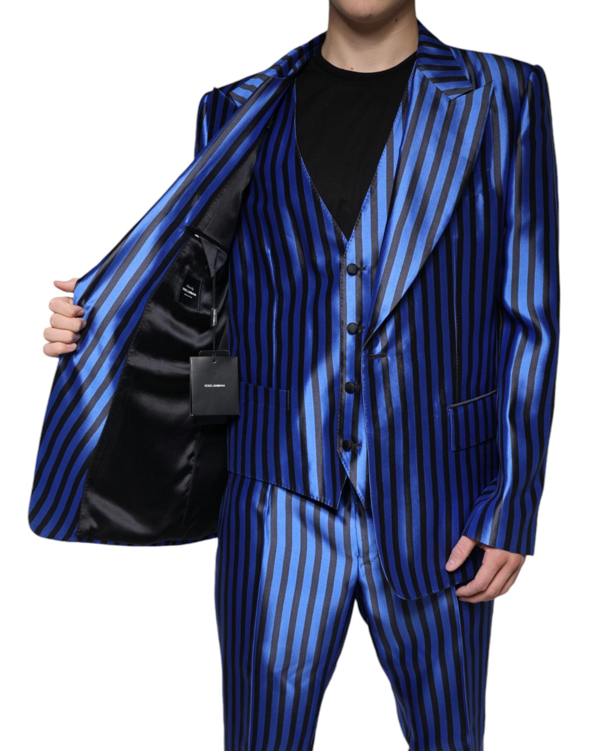 Dolce &amp; Gabbana Metallic Blue Stripes Formal 3 Piece Suit