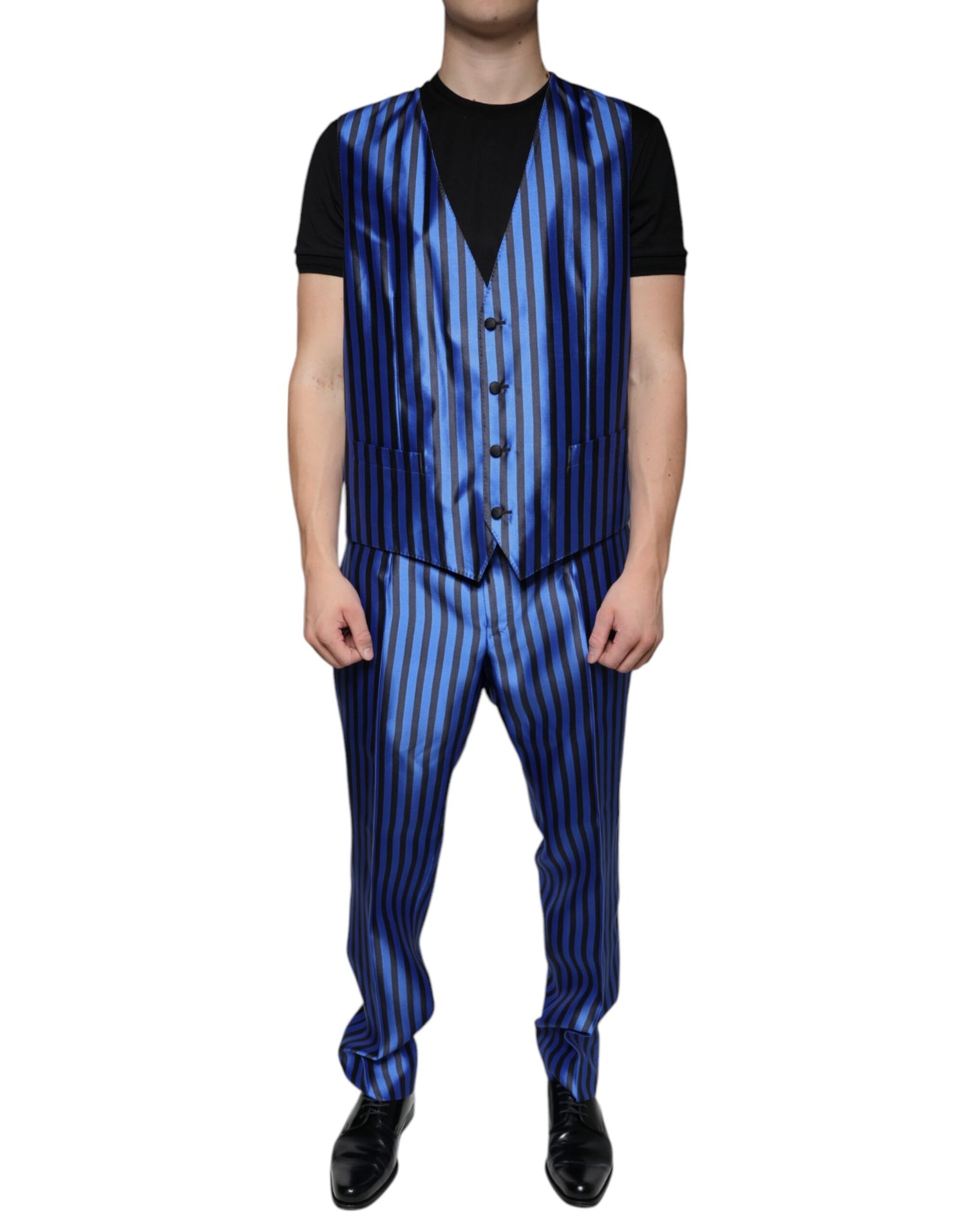 Dolce &amp; Gabbana Metallic Blue Stripes Formal 3 Piece Suit