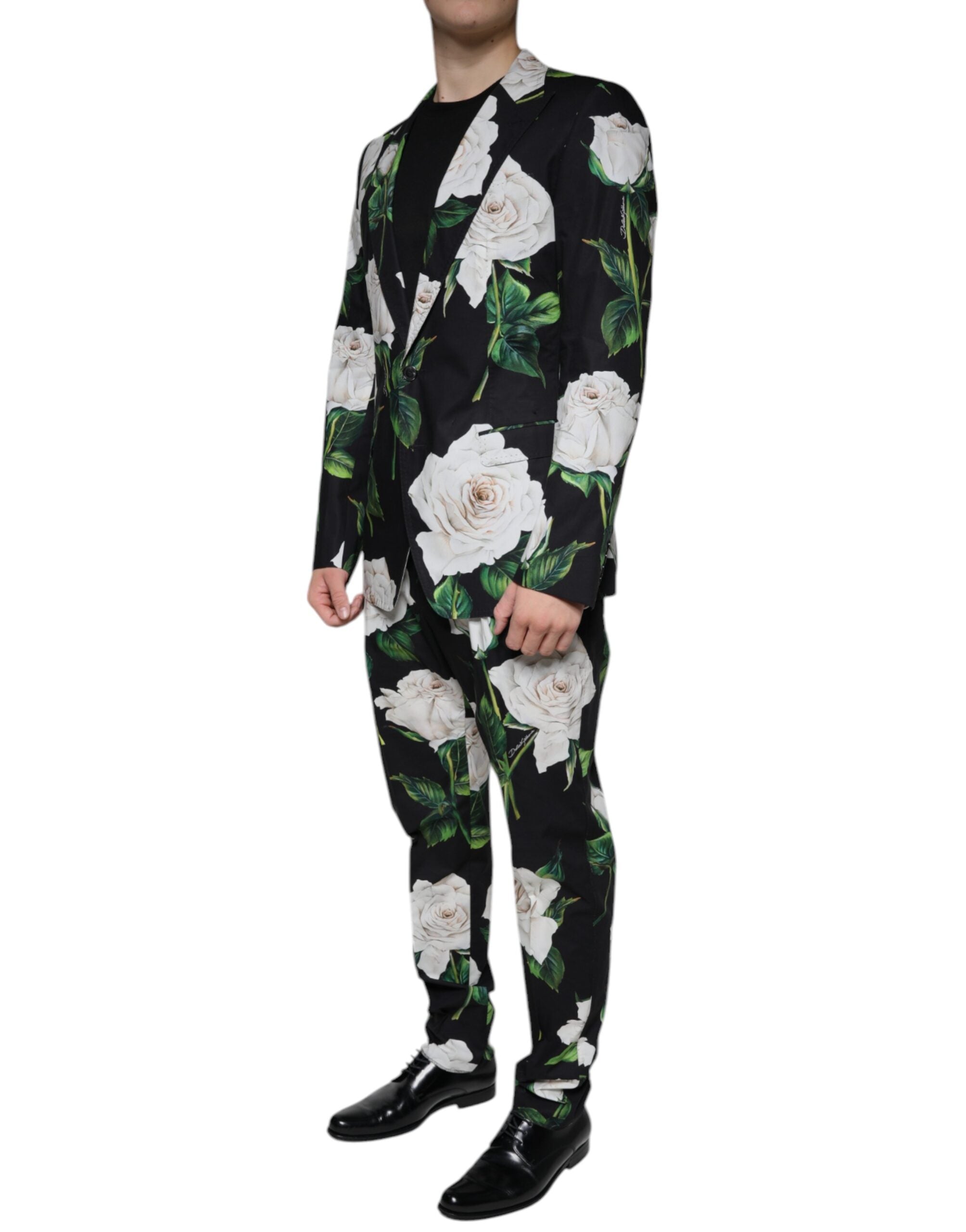 Dolce &amp; Gabbana Black Rose Cotton Men Formal 2 Piece Suit