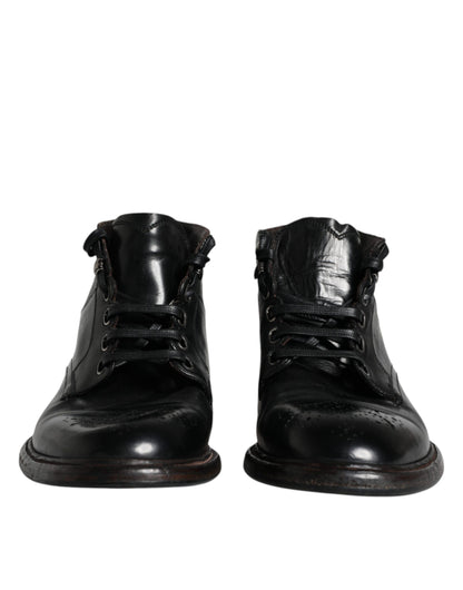 Dolce &amp; Gabbana Black Leather Men Short Boots Lace Up Shoes