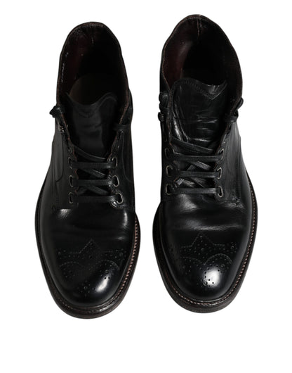 Dolce &amp; Gabbana Black Leather Men Short Boots Lace Up Shoes