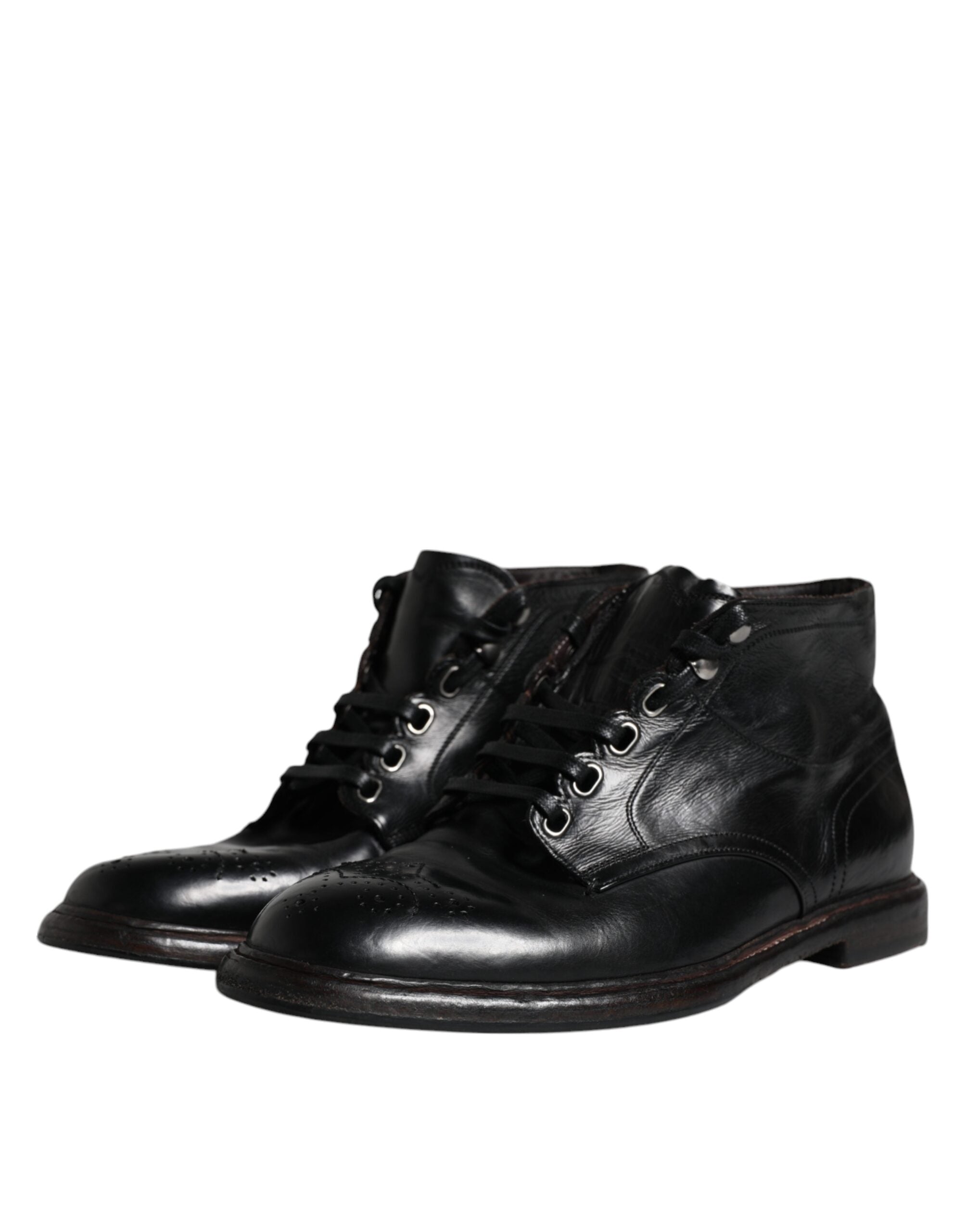 Dolce &amp; Gabbana Black Leather Men Short Boots Lace Up Shoes