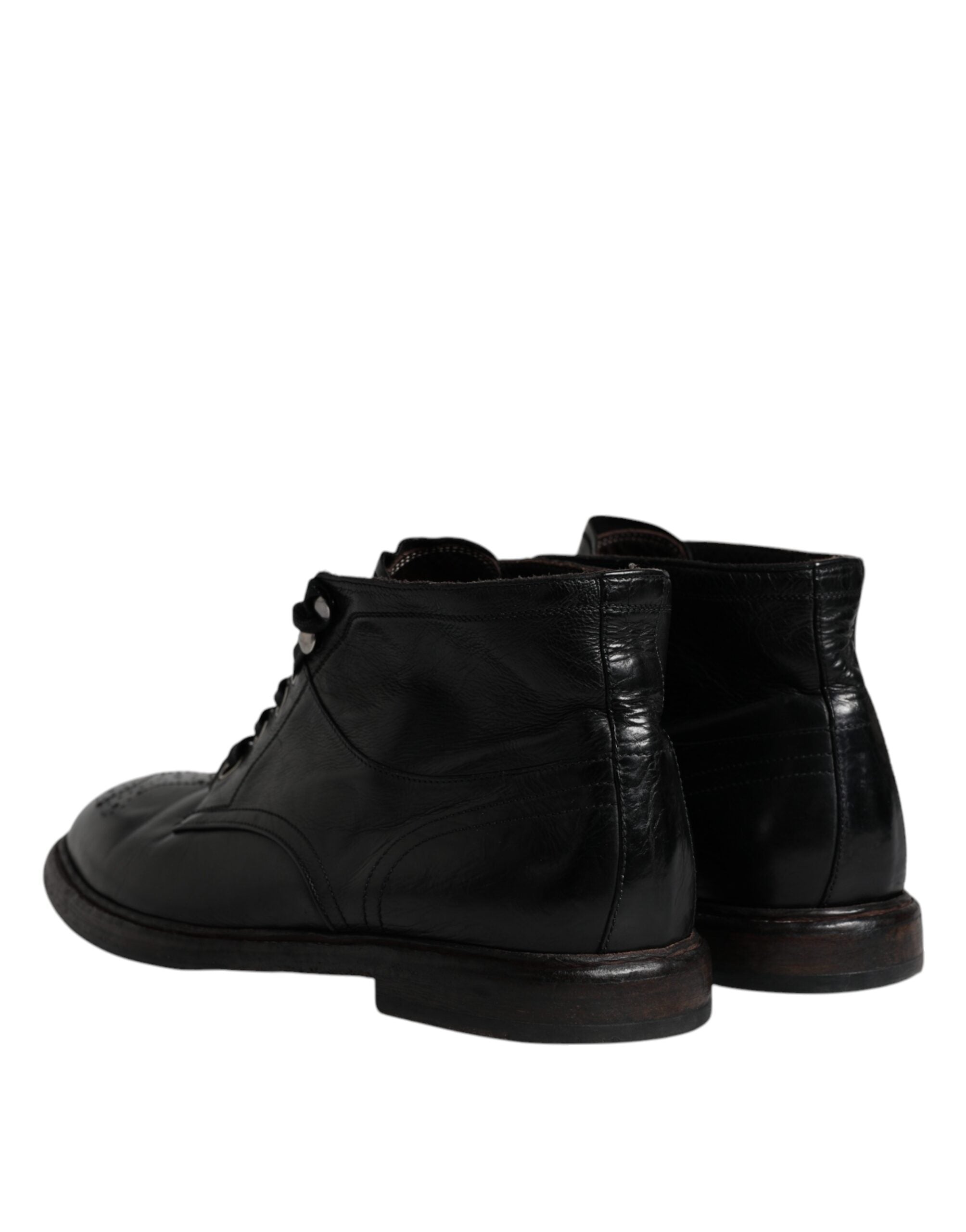 Dolce &amp; Gabbana Black Leather Men Short Boots Lace Up Shoes