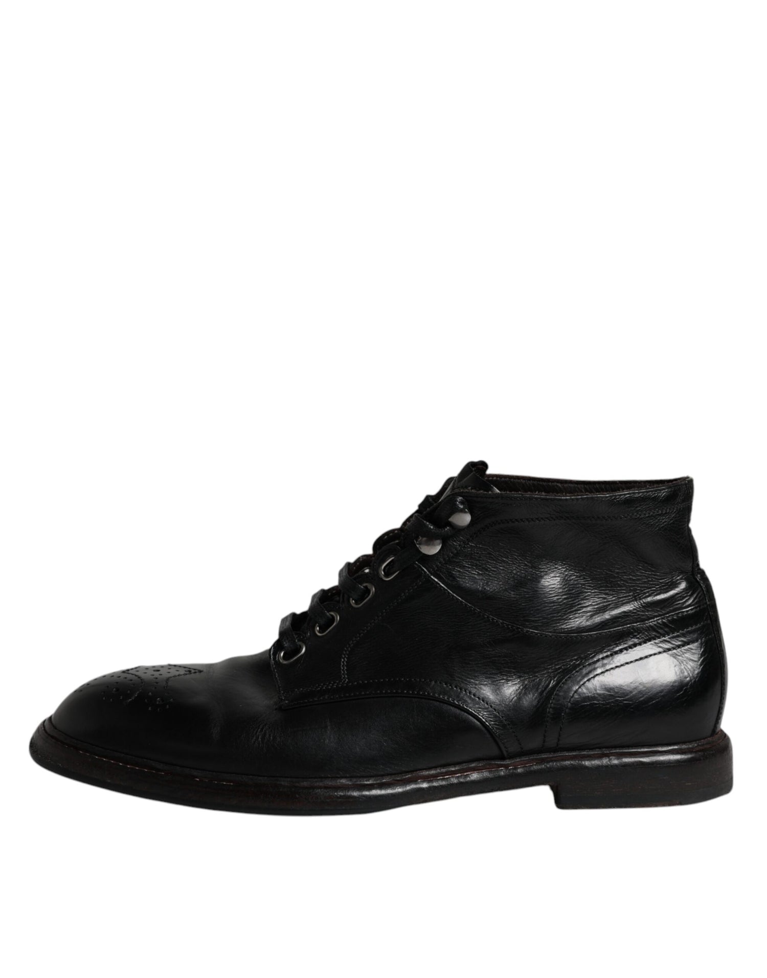 Dolce &amp; Gabbana Black Leather Men Short Boots Lace Up Shoes