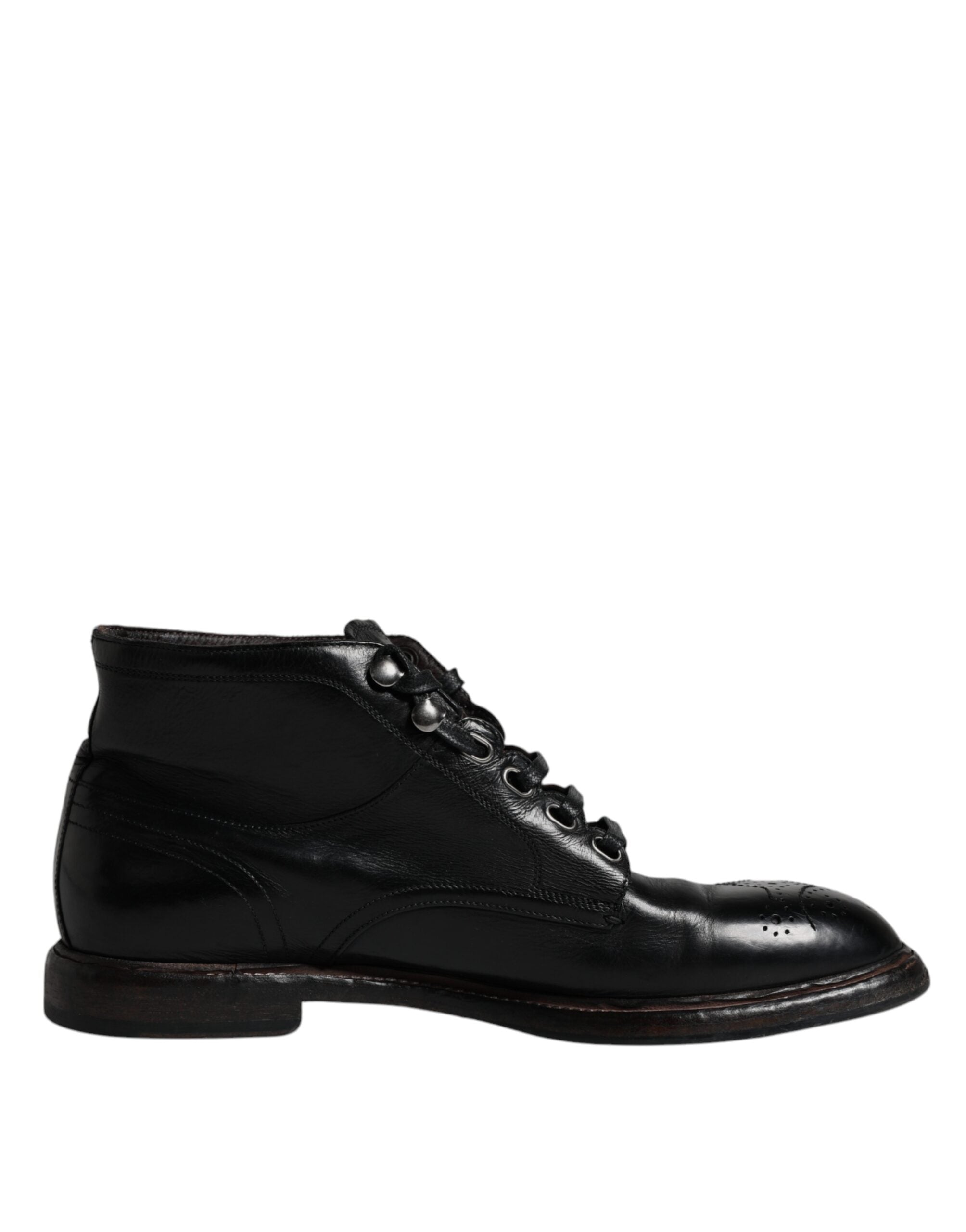 Dolce &amp; Gabbana Black Leather Men Short Boots Lace Up Shoes