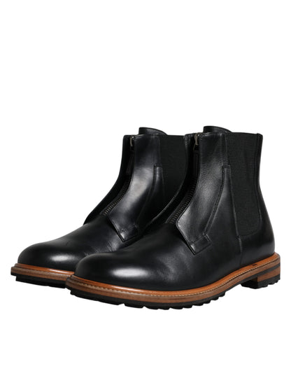 Dolce &amp; Gabbana Black Leather Chelsea Mid Calf Men Boots Shoes