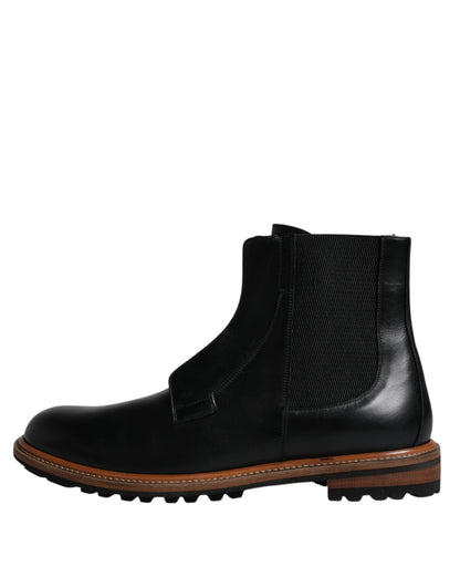 Dolce &amp; Gabbana Black Leather Chelsea Mid Calf Men Boots Shoes