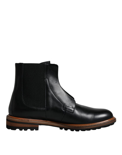 Dolce &amp; Gabbana Black Leather Chelsea Mid Calf Men Boots Shoes