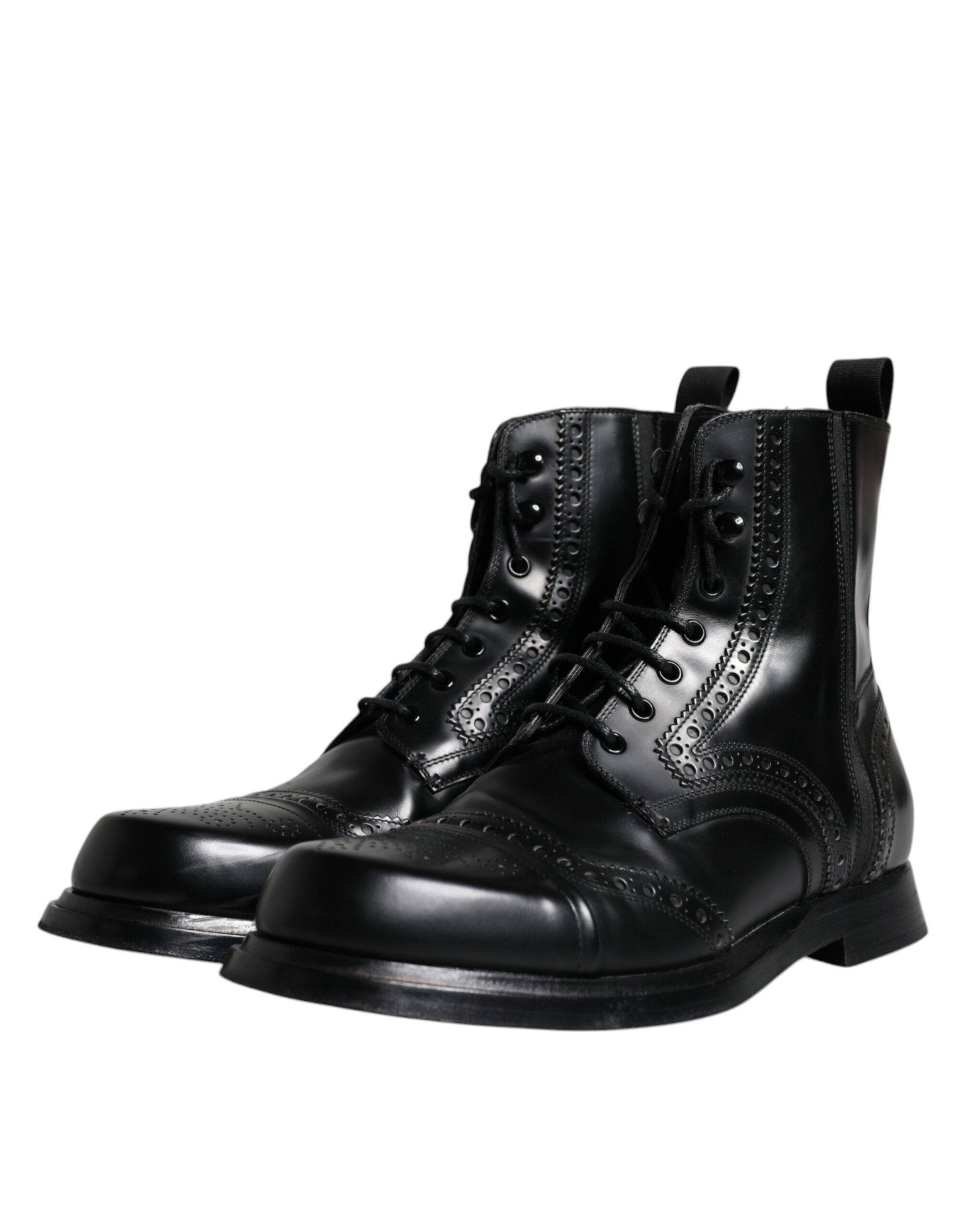 Dolce &amp; Gabbana Black Leather Lace Up Mid Calf Boots Shoes