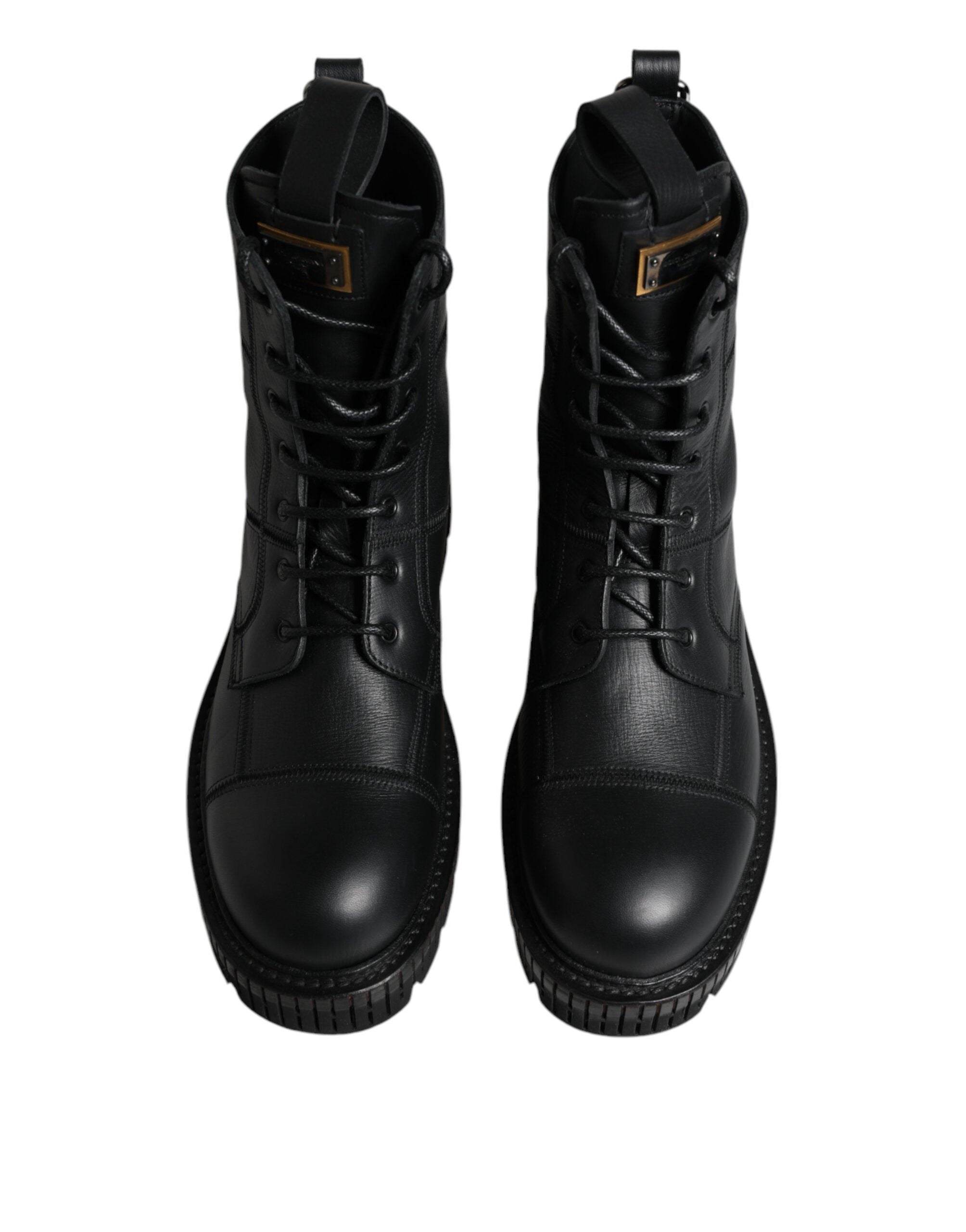 Dolce &amp; Gabbana Black Leather Lace Up Mid Calf Boots Shoes