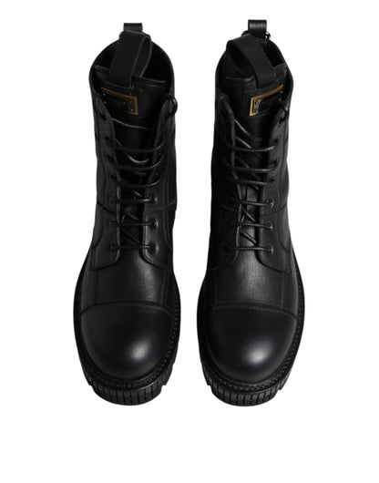 Dolce &amp; Gabbana Black Leather Lace Up Mid Calf Boots Shoes