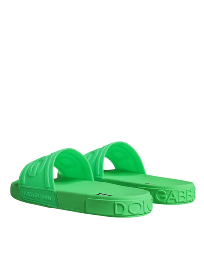 Dolce &amp; Gabbana Green Leather Slides Sandals Beachwear Shoes