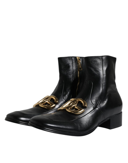 Dolce &amp; Gabbana Black Nappa Leather Logo Ankle Boots Shoes