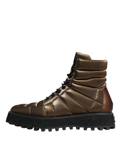 Dolce &amp; Gabbana Bronze Padded Mid Calf Lace Up Boots Shoes