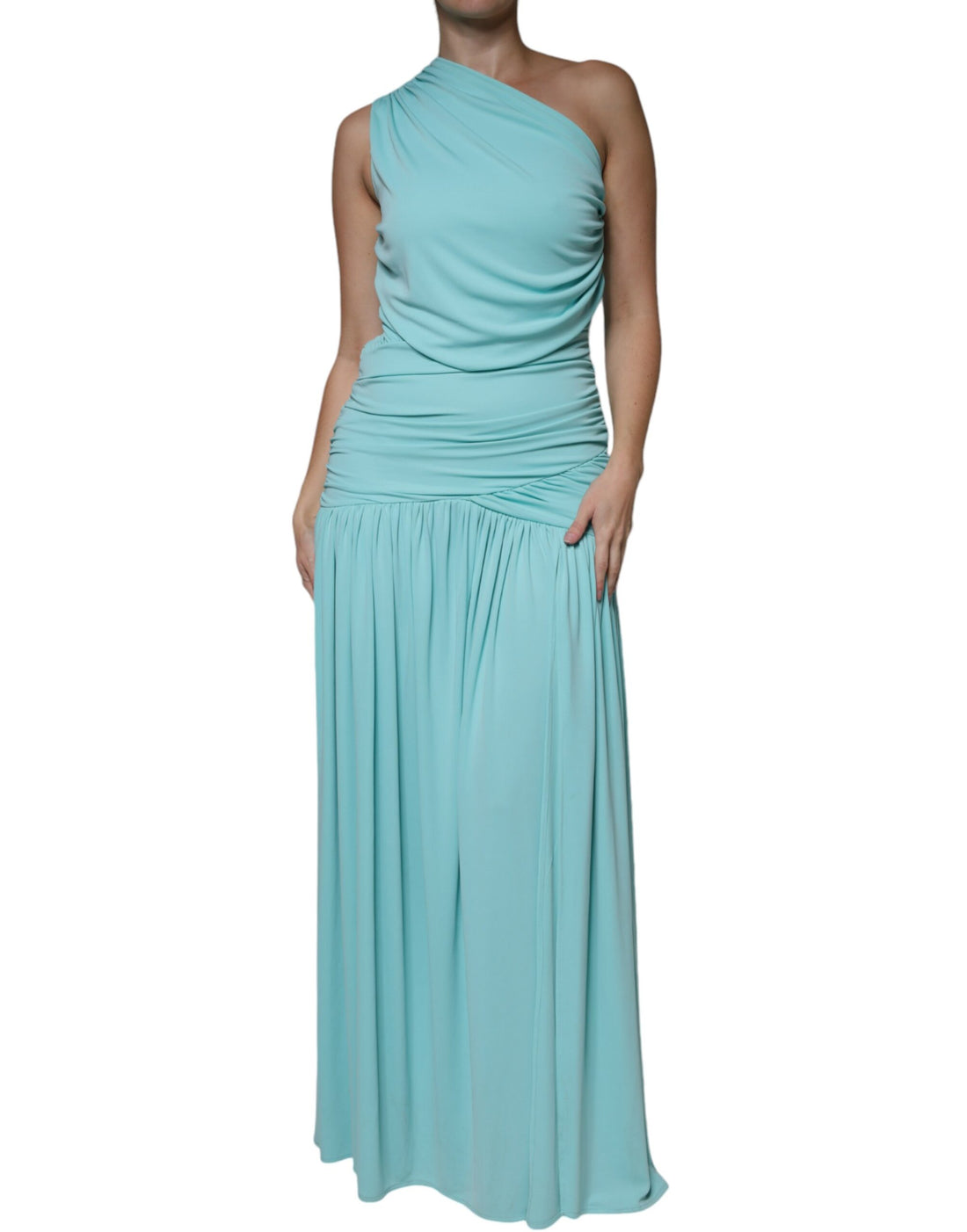 Christian Pellizzari Light Blue Jersey Long Drape One Shoulder Dress