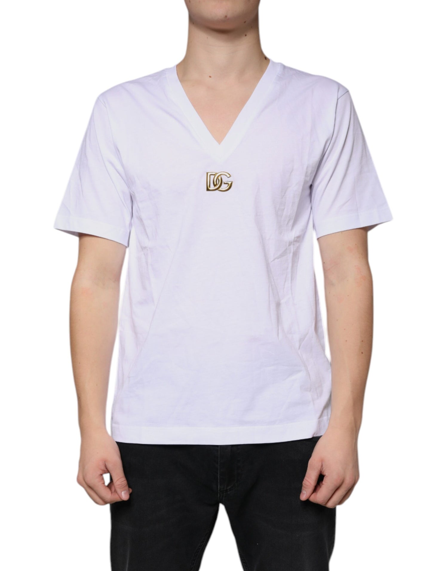 Dolce &amp; Gabbana White Logo Cotton Vneck Short Sleeve T-shirt