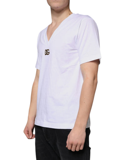 Dolce &amp; Gabbana White Logo Cotton Vneck Short Sleeve T-shirt