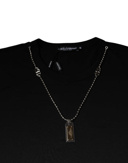 Dolce &amp; Gabbana Black Cotton Necklace Embellished T-shirt