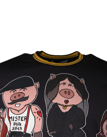 Dolce &amp; Gabbana Black Pig Family Cotton Crew Neck T-shirt