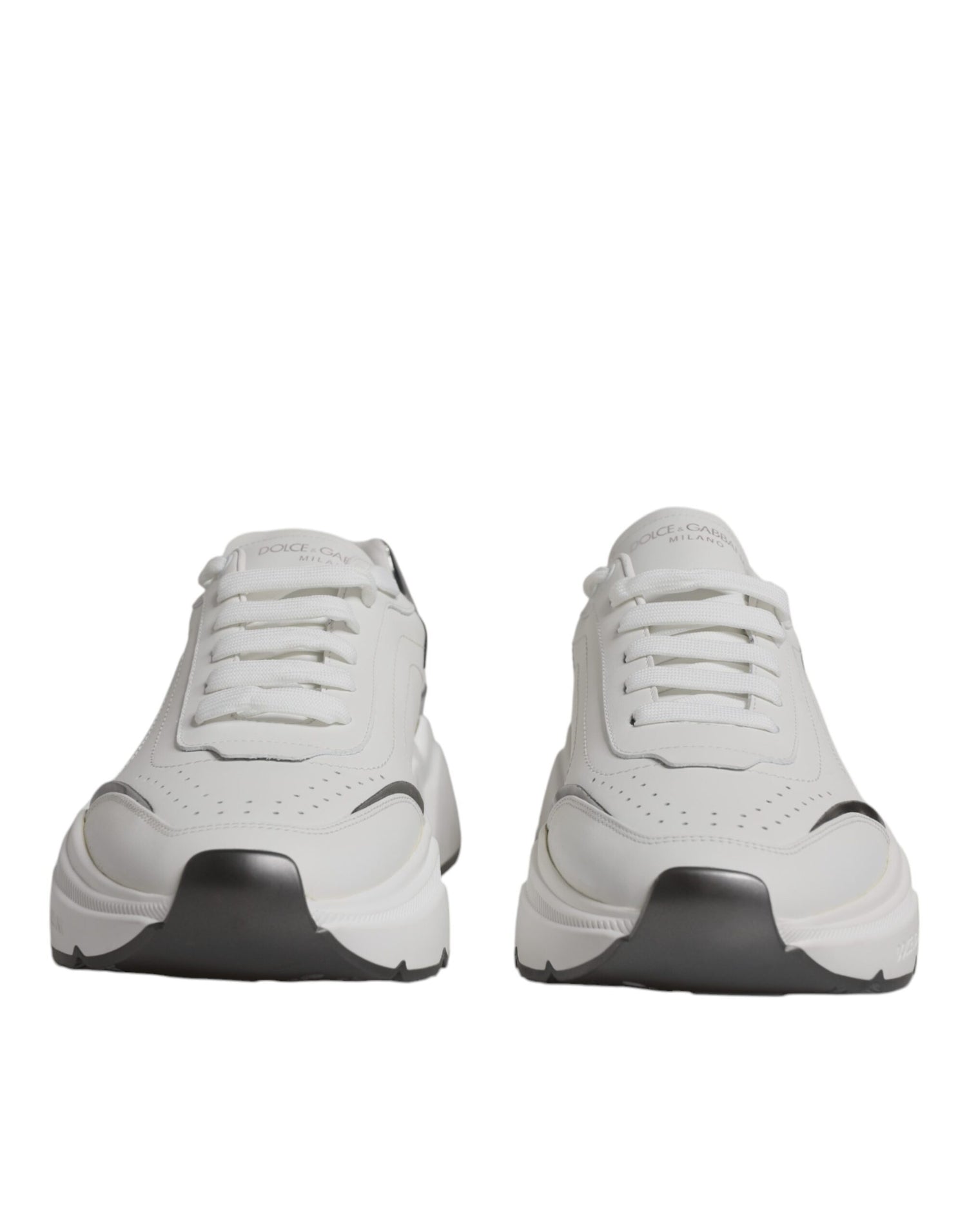 Dolce &amp; Gabbana White Silver DAYMASTER Leather Sneakers Shoes