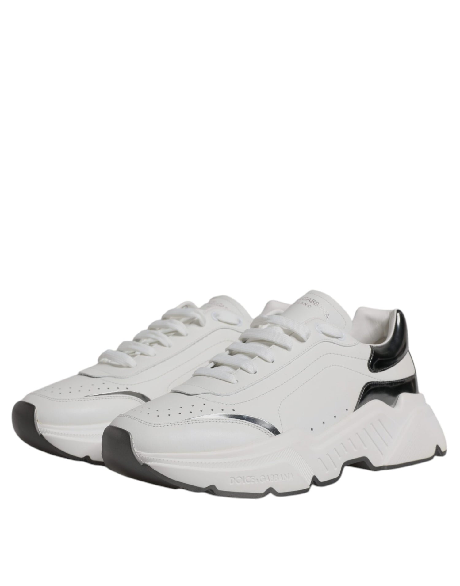 Dolce &amp; Gabbana White Silver DAYMASTER Leather Sneakers Shoes