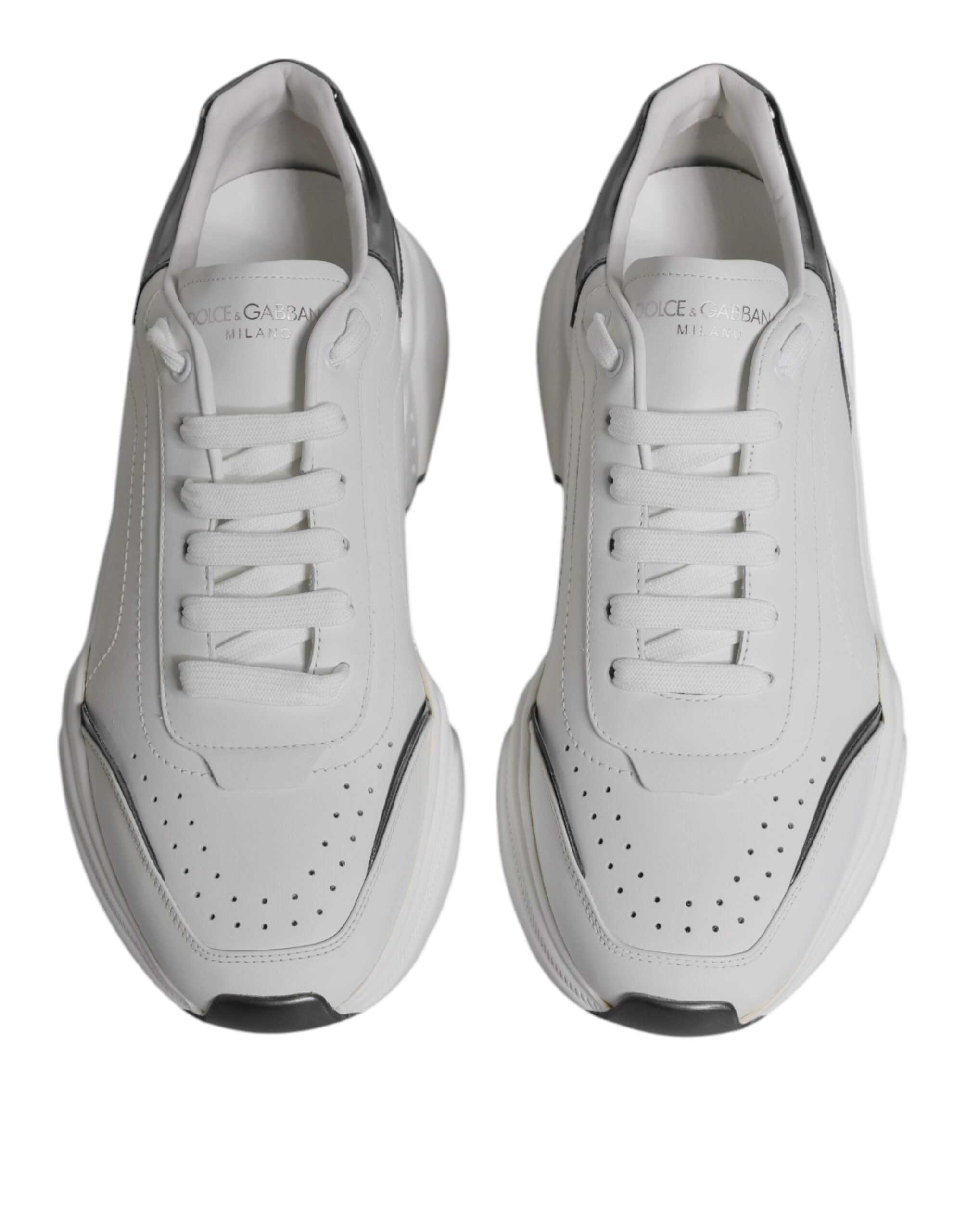 Dolce &amp; Gabbana White Silver DAYMASTER Leather Sneakers Shoes