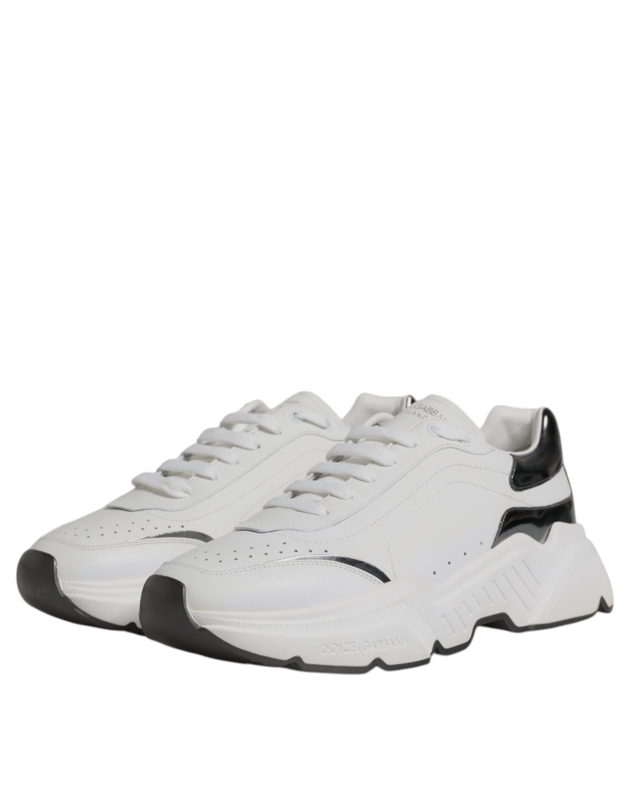 Dolce &amp; Gabbana White Silver DAYMASTER Leather Sneakers Shoes