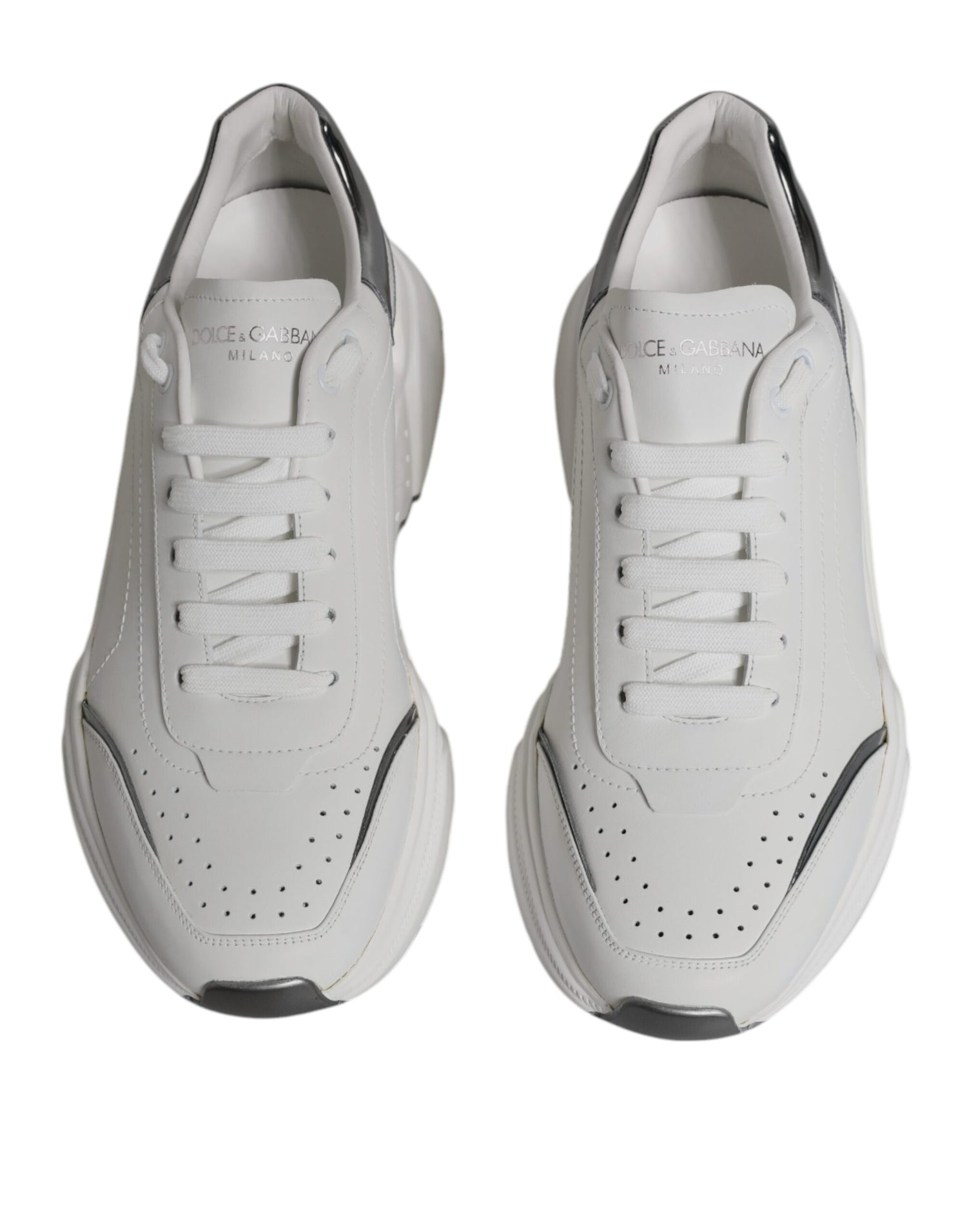 Dolce &amp; Gabbana White Silver DAYMASTER Leather Sneakers Shoes