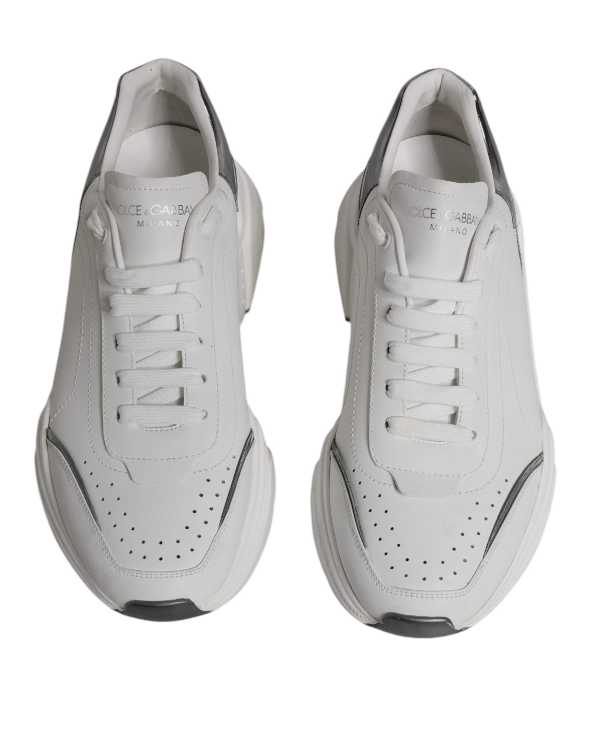 Dolce &amp; Gabbana White Silver DAYMASTER Leather Men Sneakers Shoes