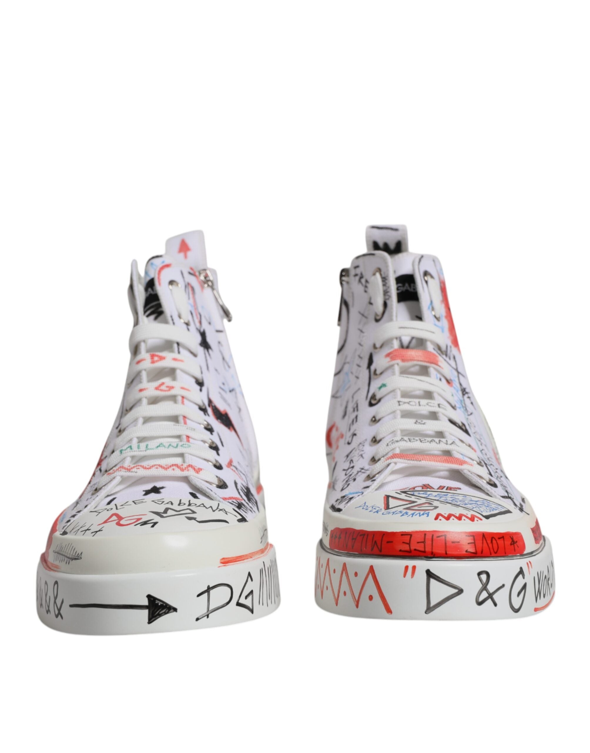 Dolce &amp; Gabbana White Cotton Graffiti High Top Sneaker Shoes