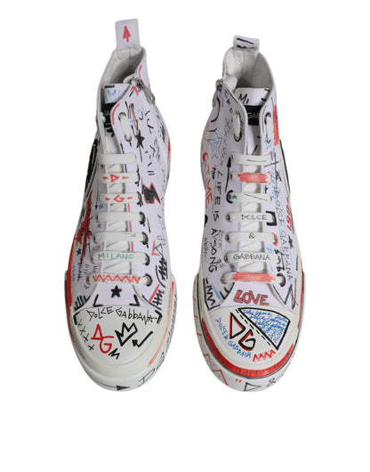 Dolce &amp; Gabbana White Cotton Graffiti High Top Sneaker Shoes