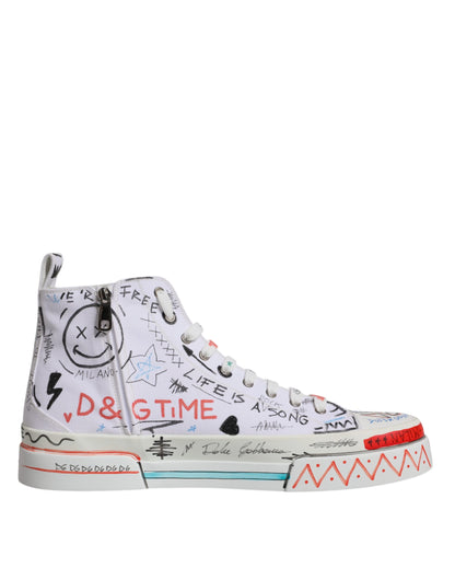 Dolce &amp; Gabbana White Cotton Graffiti High Top Sneaker Shoes