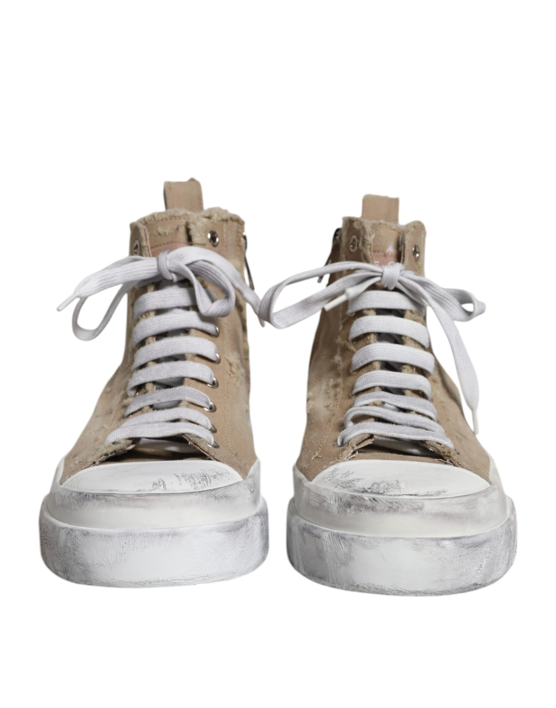 Dolce &amp; Gabbana Beige White Canvas High Top Sneakers Shoes