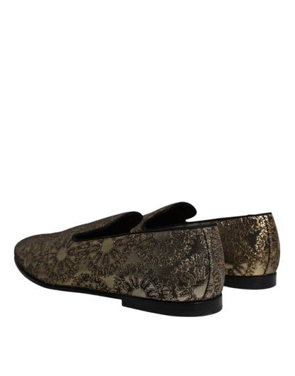 Dolce &amp; Gabbana Gold Jacquard Flats Men Loafers Dress Shoes