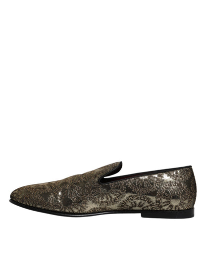 Dolce &amp; Gabbana Gold Jacquard Flats Men Loafers Dress Shoes