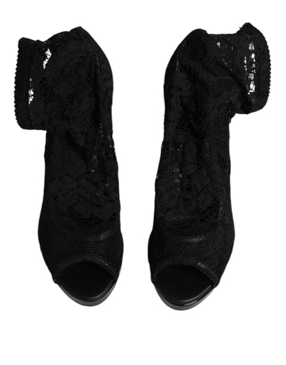 Dolce &amp; Gabbana Black Stretch Taormina Lace Boots Shoes