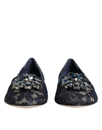 Dolce &amp; Gabbana Blue Taormina Lace Crystals Flats Shoes