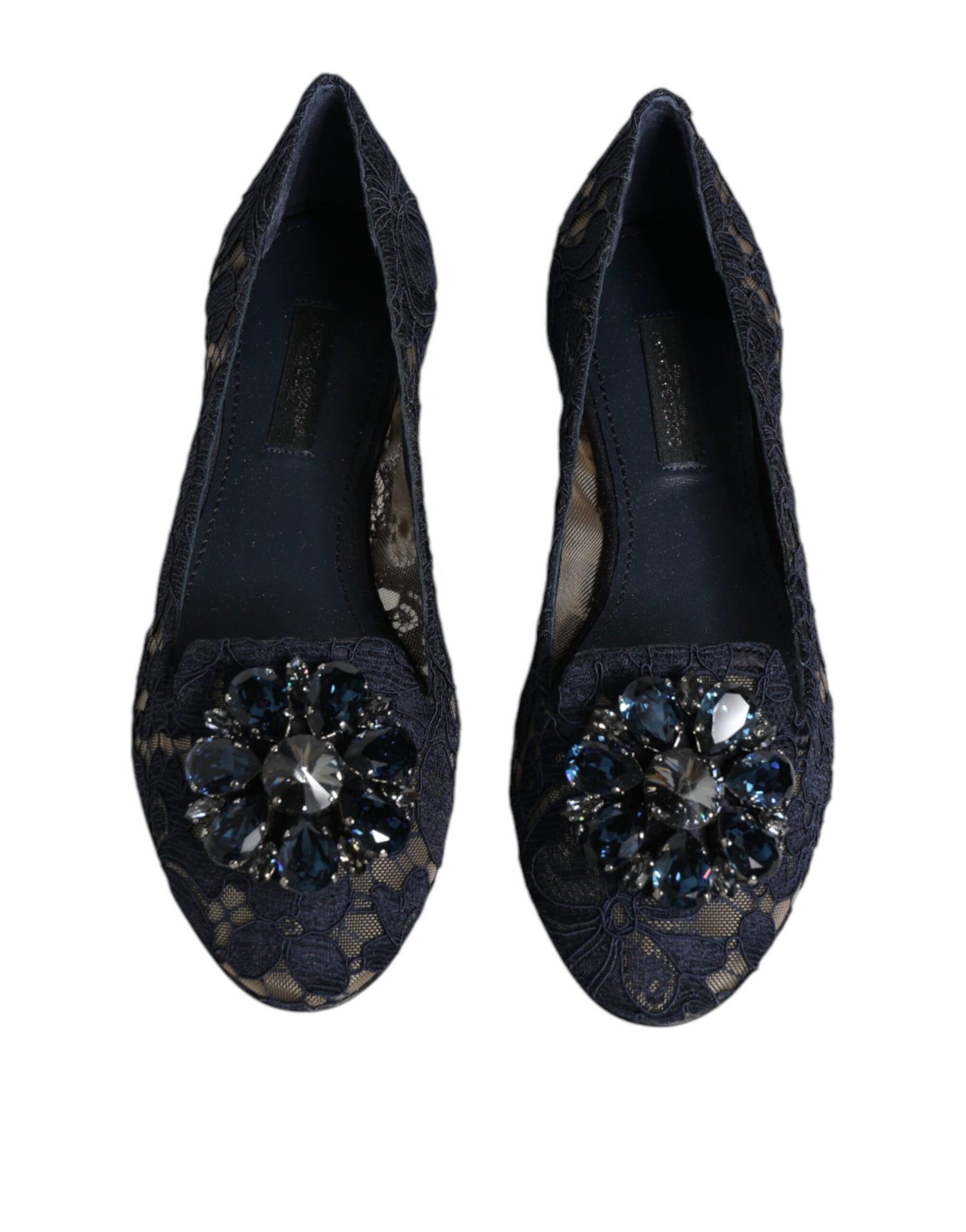 Dolce &amp; Gabbana Blue Taormina Lace Crystals Flats Shoes