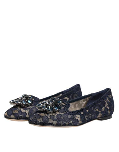 Dolce &amp; Gabbana Blue Taormina Lace Crystals Flats Shoes