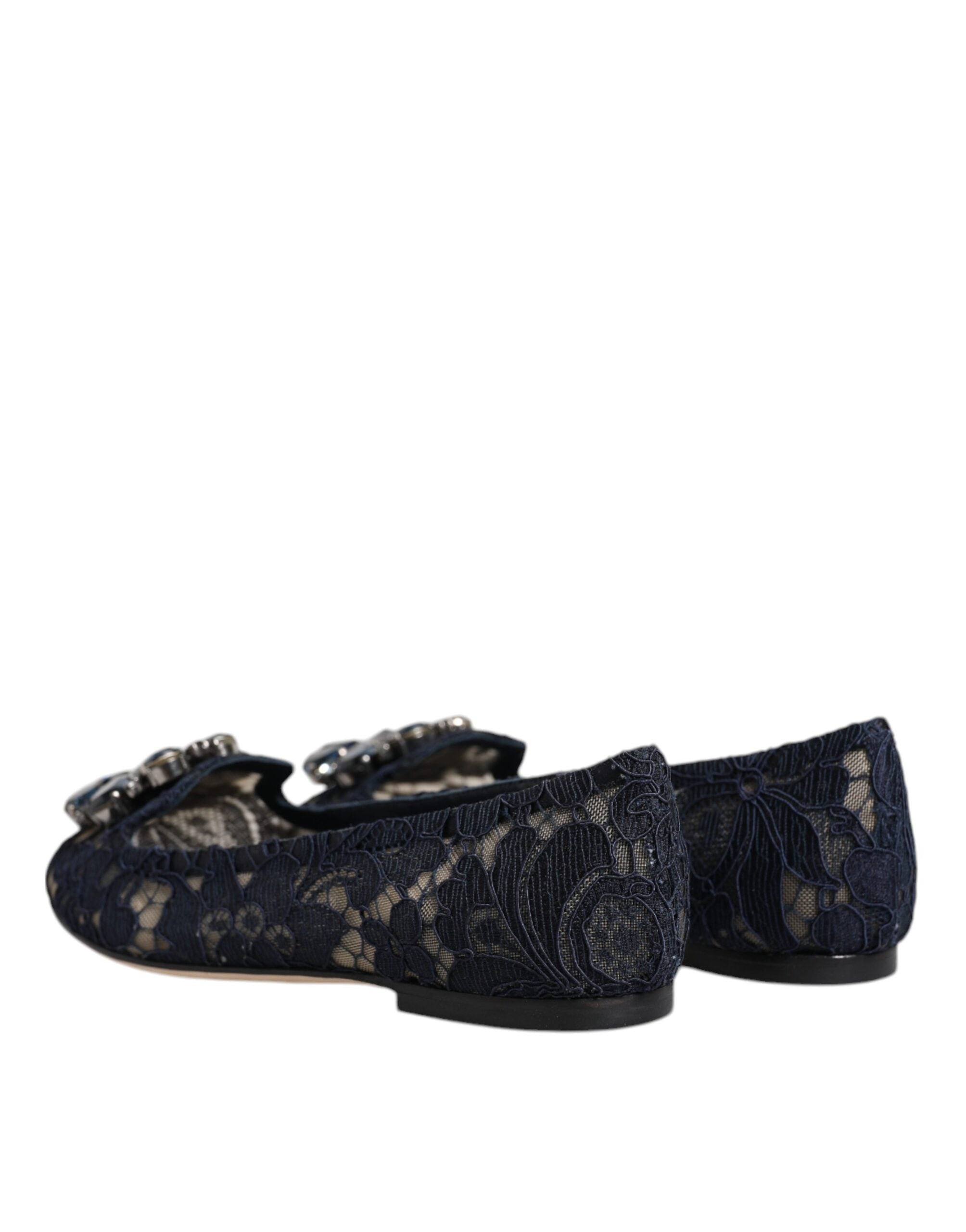 Dolce &amp; Gabbana Blue Taormina Lace Crystals Flats Shoes