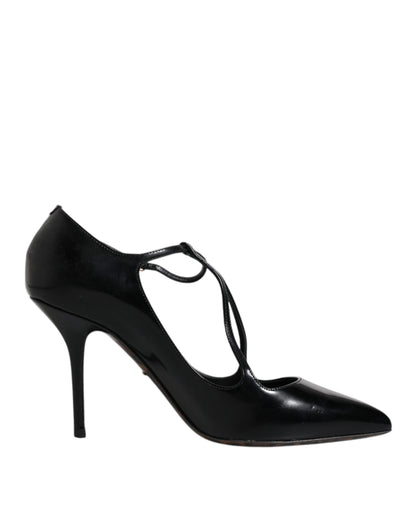 Dolce &amp; Gabbana Black Leather T-strap Stiletto Heels Shoes