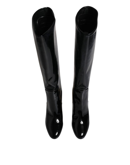 Dolce &amp; Gabbana Black Patent Leather Vally High Boots Shoes