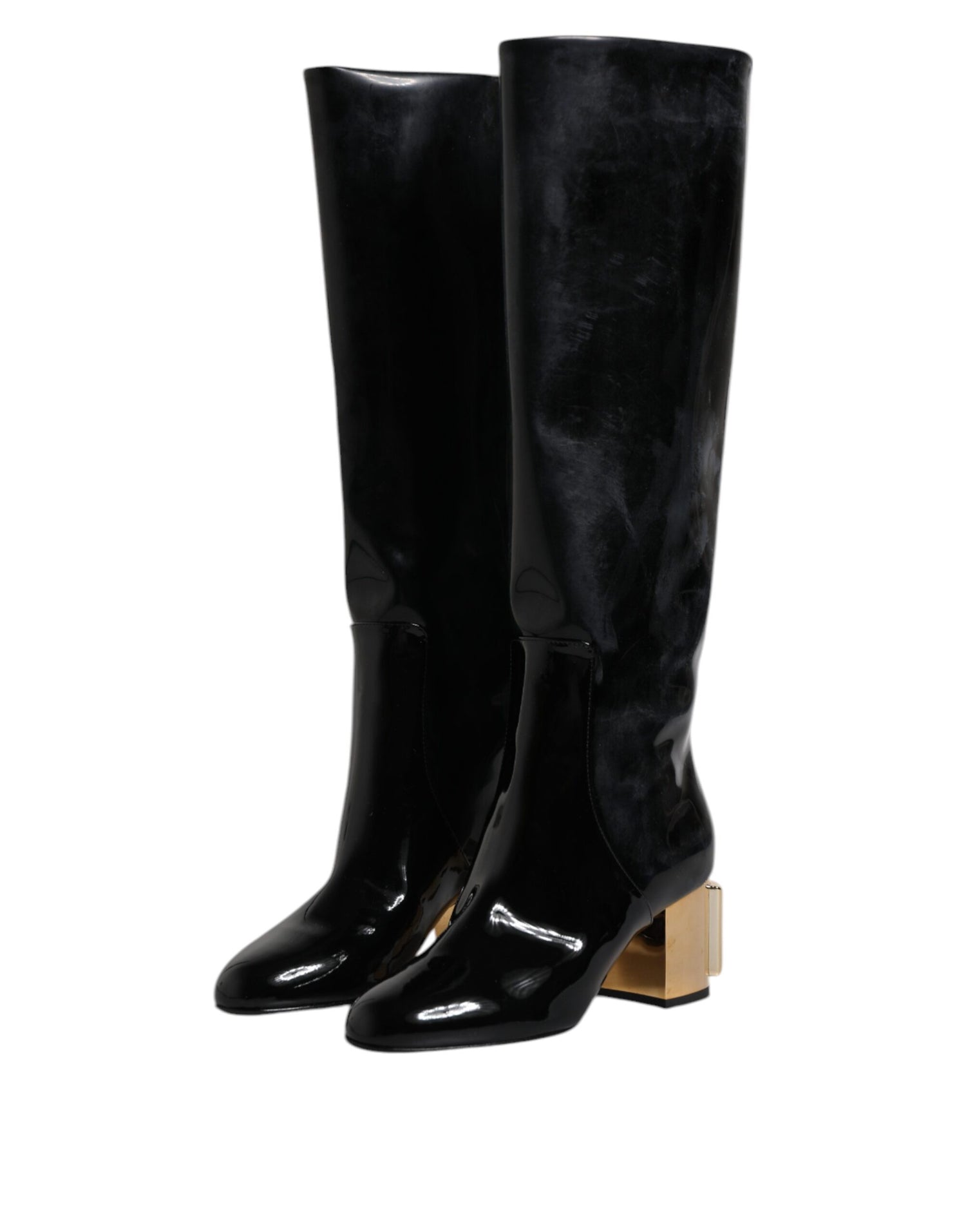 Dolce &amp; Gabbana Black Patent Leather Vally High Boots Shoes