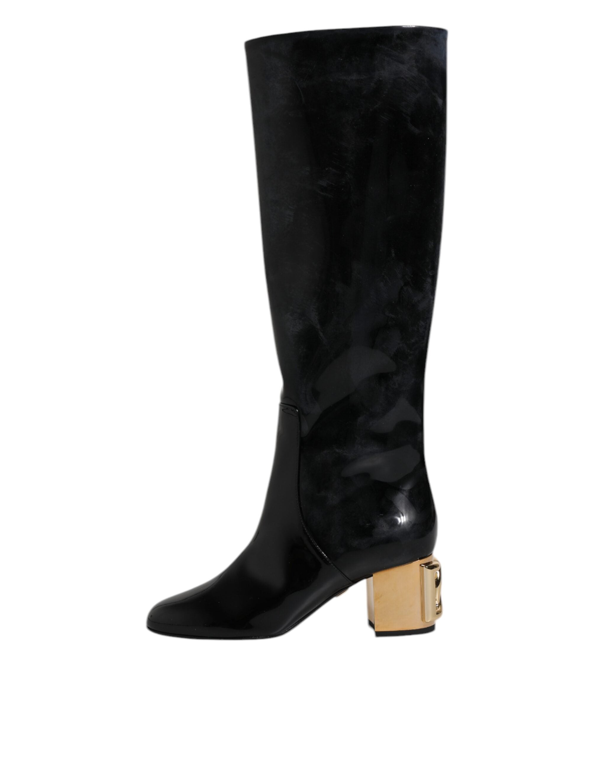 Dolce &amp; Gabbana Black Patent Leather Vally High Boots Shoes