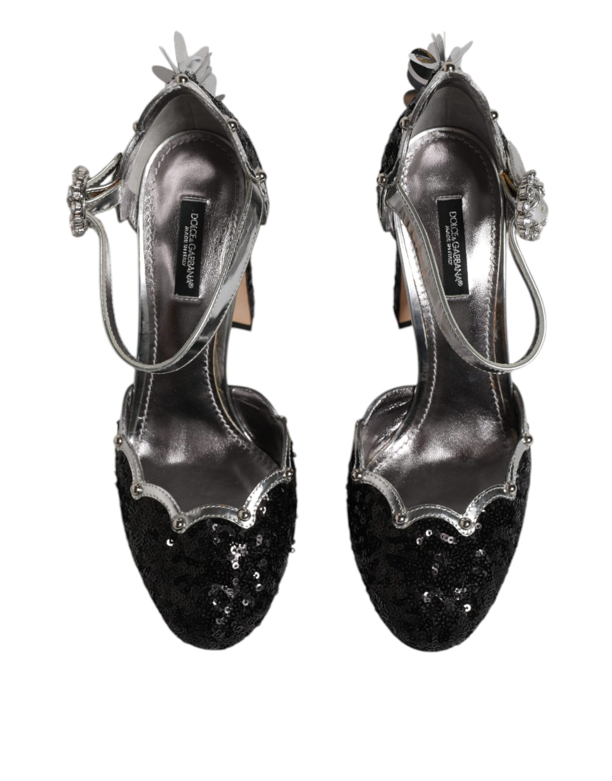 Dolce &amp; Gabbana Black Silver Sequin Ankle Strap Sandals Shoes