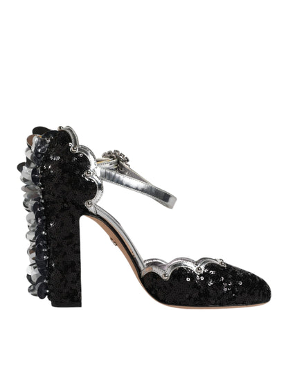 Dolce &amp; Gabbana Black Silver Sequin Ankle Strap Sandals Shoes